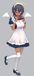 Rule 34 | 1girl, absurdres, agame (agamemega), blue hair, blush, box, commentary request, dark-skinned female, dark skin, detached sleeves, grey background, halo, highres, holding, holding box, light smile, maid, maid headdress, multicolored hair, original, shoes, short hair, short sleeves, simple background, skirt, solo, streaked hair, thighhighs, yellow eyes