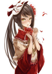 Rule 34 | 1girl, black hair, flower, flower on head, fox mask, hair flower, hair ornament, lace, long hair, looking at viewer, mask, nanarinca, original, petals, ponytail, shawl, simple background, solo, spider lily, very long hair, white background, yellow eyes