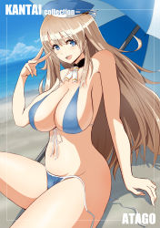 Rule 34 | 10s, 1girl, alternate costume, arm support, atago (kancolle), beach, beret, bikini, blonde hair, blue bikini, blue eyes, breasts, character name, day, hat, highres, kantai collection, large breasts, long hair, looking at viewer, looking to the side, navel, ocean, open mouth, outdoors, parasol, sakamoto (shouten), side-tie bikini bottom, sideboob, smile, solo, stomach, swimsuit, umbrella, untied bikini, v