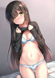 Rule 34 | 1girl, barefoot, black hair, black shirt, blue bra, blue panties, blunt bangs, blush, bow, bow bra, bow panties, bra, breasts, clothes lift, duplicate, dutch angle, head tilt, indoors, karutamo, kneeling, lifting own clothes, long hair, long sleeves, looking at viewer, medium breasts, mole, mole on breast, navel, no pants, nose blush, on bed, open mouth, original, panties, polka dot, polka dot bra, polka dot panties, shirt, shirt lift, sleeves past wrists, solo, stomach, underwear, very long hair, yellow eyes