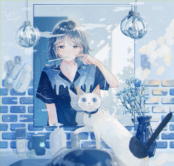 Rule 34 | 1girl, absurdres, amenojaku, baby&#039;s-breath, bell, blue hair, blue shirt, blue theme, blurry, blurry foreground, brick wall, cat, collarbone, cup, dappled sunlight, day, faucet, fish, hair dryer, hand up, hanging light, highres, index finger raised, light particles, looking at viewer, medium hair, mirror, mouth hold, mug, neck bell, original, pajamas, reflection, rubber duck, shirt, short sleeves, signature, sink, soap bottle, solo, sunlight, toothbrush, upper body, vase, white cat