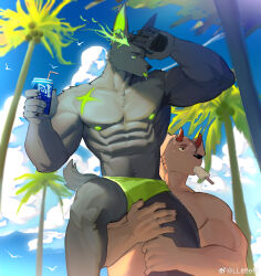 Rule 34 | 2boys, abs, absurdres, bara, beach, blue sky, bulge, carrying, carrying person, cloud, colored nipples, couple, day, demon horns, dog boy, green nipples, highres, horns, hot, large pectorals, male focus, multiple boys, muscular, muscular male, musu (littleee treee), navel, navel hair, nipples, original, outdoors, palm tree, pectorals, sand, sitting on shoulder, sky, standing, stomach, sweat, thick eyebrows, topless male, tree, wolf boy, yaoi