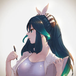 Rule 34 | 10s, 1girl, blush, breasts, clipboard, collarbone, commentary request, green eyes, green hair, highres, holding, holding clipboard, holding pen, kako (kemono friends), kemono friends, large breasts, long hair, looking away, parted lips, pen, solo, takami masahiro, watermark, web address