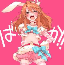 Rule 34 | 1girl, animal ears, arm garter, bloomers, blush, breasts, choker, fake animal ears, fur-trimmed choker, fur-trimmed gloves, fur-trimmed shorts, fur trim, gloves, hand on own hip, highres, idolmaster, idolmaster cinderella girls, looking at viewer, mochino, navel, open mouth, pink background, pink bloomers, rabbit ears, shorts, shouting, simple background, small breasts, solo, striped clothes, striped gloves, striped thighhighs, thighhighs, translated, underwear, yuuki haru