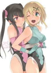 Rule 34 | 10s, 2girls, ;d, akatsuki kirika, aqua gloves, bare shoulders, black hair, blonde hair, breasts, closed mouth, covered erect nipples, cowboy shot, elbow gloves, eye contact, from side, gloves, green eyes, hair ornament, hair ribbon, halterneck, hug, hug from behind, impossible clothes, impossible leotard, leotard, long hair, looking at another, looking back, medium breasts, multiple girls, one eye closed, open mouth, pink eyes, pink gloves, ribbon, rkrk, senki zesshou symphogear, short hair, sidelocks, simple background, skin tight, small breasts, smile, tsukuyomi shirabe, twintails, twitter username, white background, x hair ornament, yuri