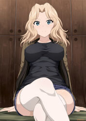 Rule 34 | 1girl, black shirt, blue eyes, blue shorts, breasts, brown jacket, collarbone, crossed legs, girls und panzer, hair intakes, indoors, inoshira, jacket, kay (girls und panzer), large breasts, light blush, light brown hair, long hair, looking at viewer, open clothes, open jacket, parted bangs, shirt, short shorts, shorts, sitting, smile, solo, thighhighs, wavy hair, white thighhighs