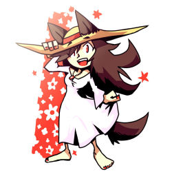Rule 34 | 1girl, animal ears, barefoot, brown hair, commentary, dress, hat, imaizumi kagerou, jewelry, nail polish, pendant, red eyes, setz, simple background, solo, straw hat, tail, touhou, wolf ears, wolf tail