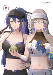 Rule 34 | 2girls, absurdres, adapted costume, ahoge, artist name, ball, bare arms, bare shoulders, breasts, bronya rand, camisole, cleavage, collaboration, collarbone, commentary, crop top, cup, disposable cup, earrings, grey eyes, grey hair, grin, heart, highres, holding, holding ball, honkai: star rail, honkai (series), jewelry, large breasts, long hair, looking at viewer, matcha 202, medium breasts, midriff, multiple girls, navel, open fly, parted lips, purple eyes, purple hair, racket, seele (honkai: star rail), shirt, sidelocks, simple background, sleeveless, sleeveless shirt, smile, spaghetti strap, spoken heart, stomach, tennis ball, tennis racket, upper body, very long hair, visor cap, white background, ying haram