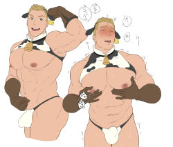 Rule 34 | 1boy, abs, animal ears, animal print, armpits, ass, bara, bare pectorals, bare shoulders, bell, biceps, bikini briefs, blush, bulge, chest harness, cow boy, cow ears, cow print, cowbell, fake animal ears, flaccid, flexing, from behind, grabbing, grabbing own breast, grin, harness, highres, large pectorals, male focus, male lactation, male underwear, multiple views, muscular, muscular male, navel, nipple stimulation, nipple tweak, nipples, original, otototo, pectoral grab, pectorals, short hair, sideburns, smile, socks, stomach, sweat, thick thighs, thighs, thong, translation request, tweaking own nipple, twitching, underwear, white male underwear
