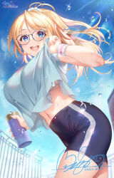 Rule 34 | 1girl, ayase eli, bike shorts, blonde hair, blue eyes, blue shirt, bottle, bra, bra peek, breasts, clothes lift, commentary request, dated, floating hair, flying sweatdrops, from below, from side, glasses, hair ornament, hair scrunchie, highres, hozumi kaoru, large breasts, leaning forward, light blush, linea alba, long hair, looking at viewer, love live!, midriff peek, navel, outdoors, ponytail, scrunchie, shirt, shirt lift, short shorts, shorts, signature, sky, solo, stomach, sunlight, sweat, swept bangs, tareme, underwear, water bottle, water drop, wristband