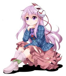Rule 34 | 1girl, bad id, bad twitter id, blush, boots, bow, bubble skirt, buttons, expressionless, fox mask, full body, green bow, hata no kokoro, long hair, long sleeves, looking away, mask, mask on head, pink eyes, pink footwear, pink hair, plaid, plaid shirt, red bow, ruu (tksymkw), shirt, sidelocks, skirt, solo, star (symbol), touhou, white background