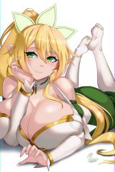 Rule 34 | 1girl, bare shoulders, blonde hair, bracelet, breasts, cleavage, closed mouth, collar, detached sleeves, fairy (sao), feet, green eyes, green skirt, hair between eyes, hair ornament, highres, huge breasts, jewelry, leafa, long hair, lying, noxcuro, on stomach, pointy ears, ponytail, simple background, skirt, smile, soles, solo, sword art online, the pose, thighhighs, white background, white thighhighs