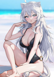Rule 34 | 1girl, ahoge, animal ear fluff, animal ears, barefoot, beach, black one-piece swimsuit, blurry, blurry background, blush, breasts, cleavage, collarbone, earrings, elbow on knee, elbow rest, grey eyes, hand up, highres, hololive, jewelry, knee up, large breasts, lion ears, lion girl, lion tail, long hair, looking at viewer, o-ring, o-ring swimsuit, one-piece swimsuit, open mouth, picter, shishiro botan, sitting, solo, strap gap, swimsuit, tail, thighs, virtual youtuber, white hair