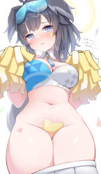 Rule 34 | 1girl, animal ears, bare shoulders, black hair, blue archive, blue eyes, blush, breasts, cheerleader, cleavage, clothes pull, crop top, dog ears, dog girl, dog tail, eyewear on head, halo, hibiki (blue archive), hibiki (cheer squad) (blue archive), highres, holding, holding pom poms, large breasts, looking at viewer, millennium cheerleader outfit (blue archive), navel, pasties, pom pom (cheerleading), pom poms, short hair, skirt, skirt pull, solo, sunglasses, tail, thighs, xlyami