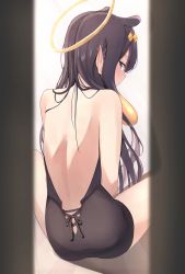 Rule 34 | 1girl, absurdres, animal ears, back, back focus, backless dress, backless outfit, black dress, black hair, blue eyes, blush, commentary, dress, ear blush, extra ears, feet out of frame, halo, headpiece, highres, hololive, hololive english, long hair, looking at viewer, looking back, multicolored hair, ninomae ina&#039;nis, ninomae ina&#039;nis (1st costume), orange hair, peeking, pointy ears, pov, scarlet (wv0102), simple background, sitting, solo, strapless, strapless dress, tentacle hair, two-tone hair, virtual youtuber, white background