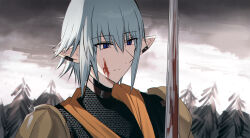 Rule 34 | 1boy, armor, blood, blood on face, bloody weapon, blue eyes, blue hair, chainmail, closed mouth, cloud, cloudy sky, ear piercing, final fantasy, final fantasy xiv, haurchefant greystone, highres, kinona, male focus, outdoors, pauldrons, piercing, pointy ears, shoulder armor, sky, solo, sword, tree, upper body, weapon
