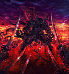 Rule 34 | 1boy, armor, arrow (projectile), arrow in arm, arrow in armor, arrow in body, arrow in leg, banner, battle, battlefield, blood, blood on clothes, blood splatter, bodies, broken armor, cloud, cloudy sky, commentary, death, dual wielding, epic, field of blades, flag, glowing, glowing eyes, helm, helmet, highres, holding, holding sword, holding weapon, japanese armor, kabuto (helmet), katana, kote, kusazuri, lightning, looking at viewer, mask, mouth mask, multicolored sky, original, partially submerged, planted, planted sword, planted weapon, pointing sword, pointing weapon, pov, rain, ripples, samurai, sashimono, shadman, shikoro, shoulder armor, sky, sode, standing, sword, thunder, torn clothes, torn flag, wading, war, weapon, yellow eyes