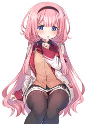 Rule 34 | 1girl, absurdres, black thighhighs, blush, commentary request, finger to mouth, headband, highres, jacket, long hair, looking at viewer, mankai kaika, nijisanji, panties, pantyshot, pink hair, purple eyes, simple background, sitting, smile, solo, suo sango, suo sango (1st costume), thighhighs, underwear, virtual youtuber, white background