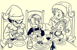 Rule 34 | 2boys, 2girls, arms up, baby, black eyes, black hair, black shirt, bra (dragon ball), brother and sister, bulma, cake, chair, child, closed eyes, dragon ball, eating, family, father and son, food, fork, frown, happy, hat, highres, lee (dragon garou), long sleeves, looking at another, monochrome, mother and son, multiple boys, multiple girls, open mouth, overalls, plate, santa hat, serious, shirt, short hair, siblings, sitting, trunks (dragon ball), vegeta