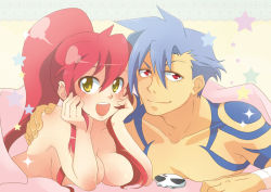 Rule 34 | 00s, 1boy, 1girl, arm around neck, bed sheet, blue hair, breasts, completely nude, couple, hair ornament, hetero, kamina (ttgl), long hair, lying, naked sheet, nude, on stomach, open mouth, ponytail, red eyes, red hair, short hair, skull hair ornament, star (symbol), suika soda, tattoo, tengen toppa gurren lagann, topless, topless male, under covers, yellow eyes, yoko littner