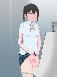 Rule 34 | 1girl, black hair, censored, green eyes, highres, love live!, love live! nijigasaki high school idol club, mosaic censoring, open mouth, panties, panty pull, peeing, pussy, school uniform, smile, solo, standing, takasaki yu, toilet use, twintails, underwear, urinal, urinal use