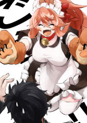 Rule 34 | 1boy, 1girl, absurdres, alternate costume, animal ear fluff, animal ears, animal hands, apron, bell, black hair, breasts, cat paws, closed eyes, collar, enmaided, fang, fate/grand order, fate (series), fox ears, fox girl, fox tail, fujimaru ritsuka (male), gloves, gumi (the eye of darkness), hair ribbon, highres, jingle bell, large breasts, long hair, maid, maid apron, maid headdress, neck bell, open mouth, paw gloves, pink hair, ponytail, red ribbon, ribbon, sweat, tail, tamamo (fate), tamamo cat (fate), tamamo cat (second ascension) (fate)
