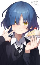 Rule 34 | 1girl, absurdres, blue hair, blunt bangs, bocchi the rock!, cake, closed mouth, collared shirt, dated, ear piercing, food, food on face, hair ornament, hair over one eye, hairclip, highres, holding, holding food, long sleeves, looking at viewer, piercing, ribbon, shirt, short hair, signature, simple background, sk tsu96, twitter username, upper body, v, white background, white shirt, yamada ryo, yellow eyes