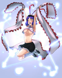Rule 34 | 1girl, adapted costume, armpits, arms up, bakuya, blue hair, breasts, cheerleader, closed eyes, covered erect nipples, female focus, frills, full body, gradient background, hat, highres, jumping, kneehighs, large breasts, midriff, nagae iku, no bra, open mouth, shawl, shoes, simple background, skirt, smile, sneakers, socks, solo, touhou, underboob, white socks