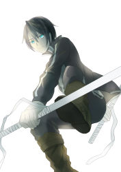 Rule 34 | 10s, 1boy, absurdres, bandages, black hair, blue eyes, dual wielding, hair between eyes, highres, holding, holding weapon, looking at viewer, male focus, marionette (chocological), noragami, solo, weapon, white background, yato (noragami)