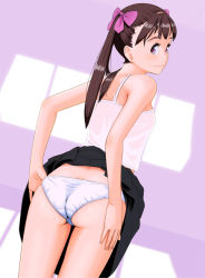 Rule 34 | 1girl, ass, bad id, bad pixiv id, bow, brown hair, camisole, clothes lift, hair bow, long hair, looking back, nanahime, original, panties, purple eyes, skirt, skirt lift, smile, solo, twintails, underwear, white panties
