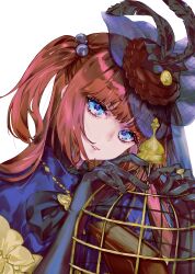 1girl absurdres black_gloves book cage expressionless gloves hair_between_eyes highres jewelry long_hair looking_at_viewer minako_larima parted_lips red_hair ring sidelocks simple_background solo umineko_no_naku_koro_ni upper_body ushiromiya_ange white_background witch