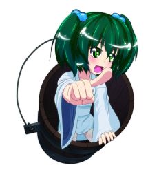 Rule 34 | 1girl, ayuosu, blush, bucket, collarbone, female focus, green eyes, green hair, hair bobbles, hair ornament, highres, in bucket, in container, kisume, long sleeves, matching hair/eyes, open mouth, pointing, short hair, solo, touhou, transparent background, twintails, wide sleeves