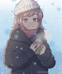 1girl artist_name beanie black_coat coat hat instagram_username original sadnesskoral snow snowflakes snowing