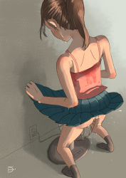 Rule 34 | 1girl, back, blue skirt, brown hair, camisole, din (pixiv25800872), dripping, electric fan, electrical outlet, electrical outlet, floor, flying sweatdrops, from above, from behind, grey background, hand fan, holding, holding clothes, holding skirt, looking down, original, panties, panty peek, ponytail, signature, simple background, skirt, socks, squatting, summer, sweat, sweaty clothes, underwear, uniform, wall