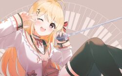 Rule 34 | 1girl, ahoge, black thighhighs, blonde hair, blush, brown dress, dress, fortissimo, fragir, hair ornament, hair ribbon, highres, holding, holding microphone, hololive, hololive dev is, jacket, long hair, looking at viewer, microphone, microphone stand, musical note, musical note hair ornament, neck ribbon, one eye closed, open mouth, otonose kanade, red eyes, red ribbon, ribbon, skindentation, smile, solo, teeth, thigh strap, thighhighs, thighs, upper teeth only, virtual youtuber, white jacket, zettai ryouiki