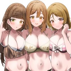 3girls :o absurdres asymmetrical_docking bikini blush breast_press breasts brown_hair character_request female_focus green_eyes highres koizumi_hanayo kunikida_hanamaru large_breasts light_brown_hair long_hair love_live! love_live!_school_idol_project love_live!_sunshine!! love_live!_superstar!! multiple_girls navel orange_eyes red_eyes sakurakoji_kinako smile sunya_(honorin-yuunibo) swimsuit