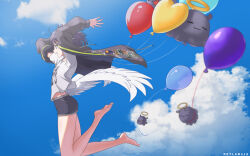 Rule 34 | 1girl, :3, absurdres, arms up, artist name, balloon, barefoot, black jacket, black shorts, blue sky, closed mouth, cloud, commentary, day, drawstring, english commentary, feathered wings, feet, flying, hair between eyes, halo, heart, heart balloon, highres, hololive, hololive english, jacket, legs up, long sleeves, low wings, ninomae ina&#039;nis, ninomae ina&#039;nis (loungewear), off shoulder, official alternate costume, open clothes, open jacket, open mouth, outdoors, print shirt, profile, purple eyes, purple hair, reylan520, shirt, short hair, short shorts, short sleeves, shorts, sky, smile, t-shirt, takodachi (ninomae ina&#039;nis), teeth, toes, upper teeth only, virtual youtuber, white shirt, white wings, wings