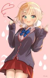 Rule 34 | 1girl, ahoge, blazer, blonde hair, blue bow, blue bowtie, blush, bow, bowtie, breasts, cowboy shot, finger gun, from below, green eyes, hair ornament, hands up, highres, holding, holding stylus, indie virtual youtuber, jacket, long sleeves, looking at viewer, medium breasts, medium hair, miniskirt, nishiki yuno, open mouth, pom pom (clothes), pom pom hair ornament, school uniform, shigure ui (vtuber), short twintails, simple background, skirt, sleeves past wrists, smile, solo, stylus, thick eyelashes, twintails, virtual youtuber, wing collar