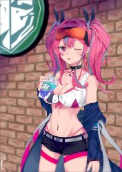 Rule 34 | 1girl, ;p, artist name, azur lane, bare shoulders, belt, bikini, bikini under clothes, black choker, black shorts, blue jacket, blurry, blush, breasts, bremerton (azur lane), brick wall, chainedk, choker, cleavage, collarbone, commentary request, cowboy shot, crop top, crop top overhang, cup, depth of field, disposable cup, drink, drinking straw, eyewear on head, front-tie bikini top, front-tie top, grey belt, grey hair, groin, hair between eyes, hair intakes, hair ornament, hand up, highleg, highleg bikini, holding, holding cup, jacket, large breasts, lifebuoy, logo, logo parody, long hair, long sleeves, looking at viewer, midriff, multicolored hair, navel, navel piercing, off-shoulder jacket, off shoulder, one eye closed, open clothes, open jacket, piercing, pink bikini, pink eyes, pink hair, red-tinted eyewear, shade, shirt, short shorts, shorts, side-tie bikini bottom, sidelocks, sleeveless, sleeveless shirt, smile, solo, standing, streaked hair, sunglasses, sunglasses on head, swim ring, swimsuit, thigh strap, tinted eyewear, tongue, tongue out, twintails, two-tone hair, two-tone shirt, underboob