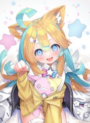 Rule 34 | 1girl, :d, amakawa hano, animal ears, aqua hair, bettle (b s a n), blonde hair, blue eyes, blush, bow, bowtie, cat ears, collar, hair between eyes, hair ornament, hairclip, heart, heart-shaped pupils, highres, jacket, unworn jacket, open mouth, paw pose, re:act, shooting star (symbol), smile, solo, star (symbol), star hair ornament, stuffed toy, symbol-shaped pupils, virtual youtuber, white background