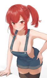 Rule 34 | 1girl, bare arms, bare shoulders, black thighhighs, blush, breasts, cleavage, commentary request, cowboy shot, hand on own hip, highres, jfjf, large breasts, looking at viewer, original, overalls, ponytail, red eyes, red hair, short hair, smile, solo, standing, thighhighs, white background
