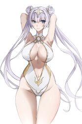 Rule 34 | 13addendum, 1girl, absurdres, armpits, arms behind head, arms up, bare shoulders, blue eyes, blush, breasts, britomart (fate), britomart (final ascension) (fate), center opening, cleavage, double bun, fate/grand order, fate (series), gold one-piece swimsuit, gold trim, grey hair, hair bun, hairband, highleg, highleg swimsuit, highres, large breasts, long hair, looking at viewer, navel, o-ring, one-piece swimsuit, pointy ears, smile, solo, swimsuit, taut clothes, taut swimsuit, thighs, twintails, two-tone swimsuit, very long hair, white one-piece swimsuit