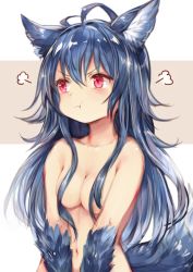 Rule 34 | 1girl, :t, absurdres, ahoge, animal ear fluff, animal ears, blue hair, blush, breasts, collarbone, commentary request, convenient censoring, fenrir (shingeki no bahamut), fur, granblue fantasy, hair between eyes, hair censor, hair over breasts, highres, long hair, looking away, medium breasts, navel, nude, pout, red eyes, sidelocks, simple background, solo, sukemyon, tail, upper body, v arms, very long hair, wolf ears, wolf tail