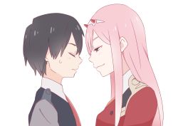 Rule 34 | 10s, 1boy, 1girl, black hair, blush, couple, darling in the franxx, closed eyes, face-to-face, green eyes, hair ornament, hairband, highres, hiro (darling in the franxx), horns, long hair, looking at another, michie 09, military, military uniform, necktie, oni horns, orange neckwear, pink hair, red horns, red neckwear, short hair, uniform, white hairband, zero two (darling in the franxx)
