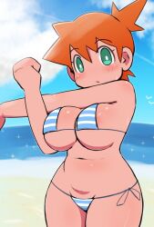 Rule 34 | 1girl, adapted costume, areola slip, asymmetrical hair, bare legs, beach, bikini, blush, breast slip, breasts, cleavage, cowboy shot, creatures (company), crop top, female focus, game freak, green eyes, gym leader, hair tie, large breasts, legs, looking at viewer, misty (pokemon), miyazero, navel, nintendo, orange hair, pokemon, pokemon rgby, ponytail, shirt, short hair, side ponytail, simple background, smile, solo, swimsuit, thick thighs, thighs, water, wide hips