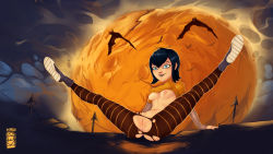 Rule 34 | 1girl, arm support, artist request, bat (animal), black hair, black lips, blue eyes, breasts, cleft of venus, clothes lift, facing viewer, full body, full moon, functionally nude, halloween, happy, highres, hotel transylvania, jack-o&#039;-lantern, leggings, legs up, lipstick, makeup, mavis dracula, medium breasts, moon, navel, night, nipples, outdoors, pantyhose, presenting, pussy, pussy juice, shirt, shirt lift, shoes, short hair, short sleeves, skinny, small breasts, smile, sneakers, spread legs, striped clothes, striped legwear, striped pantyhose, torn clothes, torn pantyhose, trompe l&#039;oeil, uncensored, vampire, yellow shirt