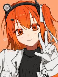 1girl a.i._voice adachi_rei black_shirt blush g_shoku3 gloves hair_between_eyes hair_ribbon headlamp heart highres jacket open_clothes open_jacket orange_background orange_eyes orange_hair parted_bangs radio red_pupils ribbon shirt side_ponytail simple_background smile solo upper_body utau w white_jacket white_ribbon yellow_gloves