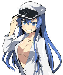 Rule 34 | 10s, 1girl, akame ga kill!, blue eyes, blue hair, blush, breasts, esdeath, grin, hat, hat tip, highres, large breasts, long hair, matching hair/eyes, open clothes, open shirt, shirt, smile, solo, tanashi (mk2), tattoo, upper body, white background
