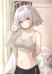 Rule 34 | 1girl, absurdres, ahoge, black shorts, bra, breasts, collarbone, fate/grand order, fate (series), highres, indoors, jeanne d&#039;arc (fate), jeanne d&#039;arc alter (avenger) (fate), jeanne d&#039;arc alter (fate), kohaku teru, long sleeves, medium breasts, navel, open clothes, open shirt, shirt, short hair, shorts, silver hair, solo, tsurime, underwear, white bra, white shirt, yellow eyes