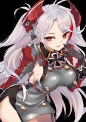 Rule 34 | 1girl, antenna hair, azur lane, black background, black gloves, breasts, brown eyes, cross, finger to mouth, floating hair, garter straps, gloves, headgear, highres, iron cross, kaorihero, large breasts, leaning forward, long hair, long sleeves, looking at viewer, mole, mole on breast, multicolored hair, parted lips, prinz eugen (azur lane), red hair, silver hair, simple background, smile, solo, streaked hair, swept bangs, two side up, very long hair